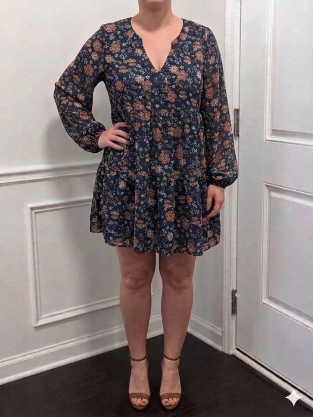 MELLODAY Navy Floral V-Neck Long Sleeve Mini Dress